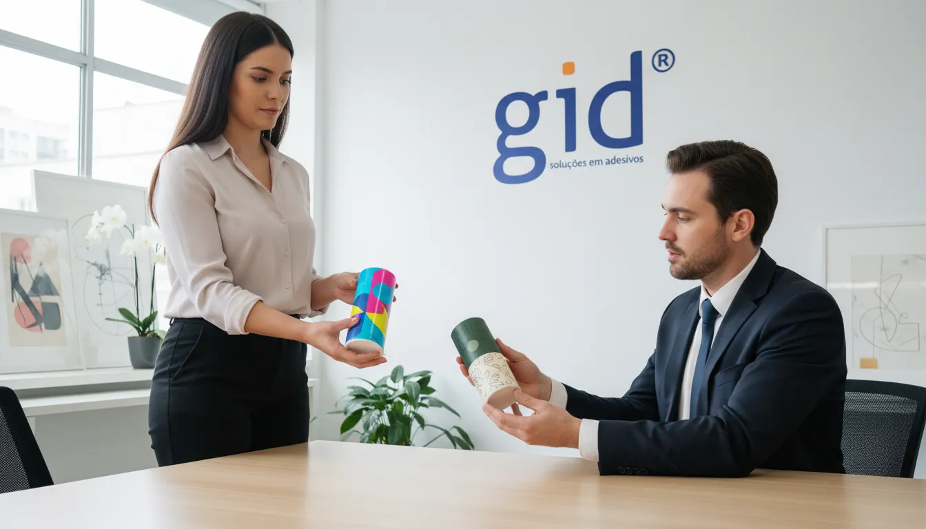 Designer apresenta amostras de rótulos em papel couche brilho e fosco para cliente, demonstrando as diferenças nos acabamentos.