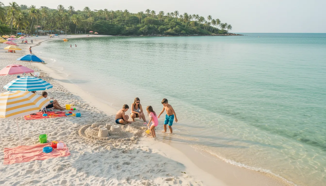 Crianças brincam nas águas calmas da Praia da Daniela, um paraíso nas praias Florianópolis Floripa ideal para famílias com crianças.