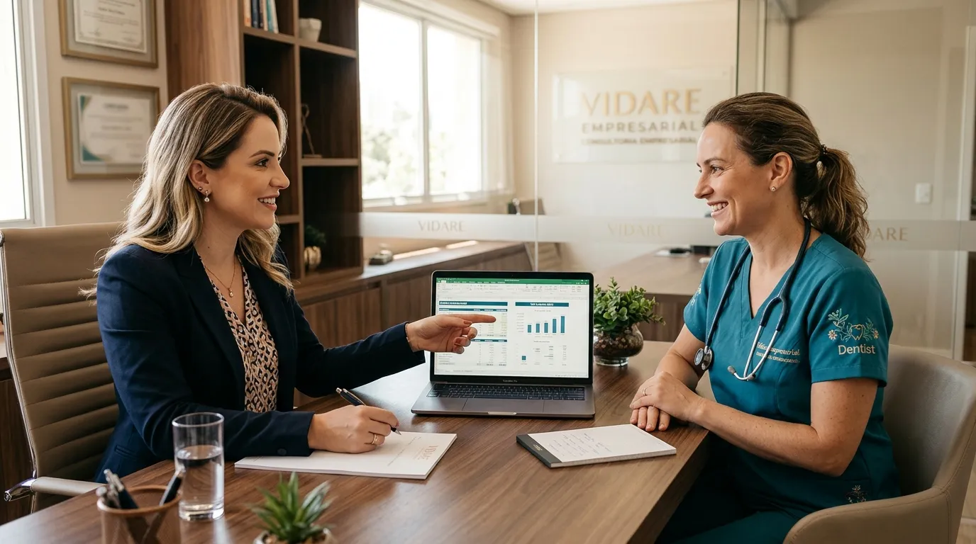 Consultoria sobre Simples Nacional para dentistas com especialista analisando planejamento tributário.
