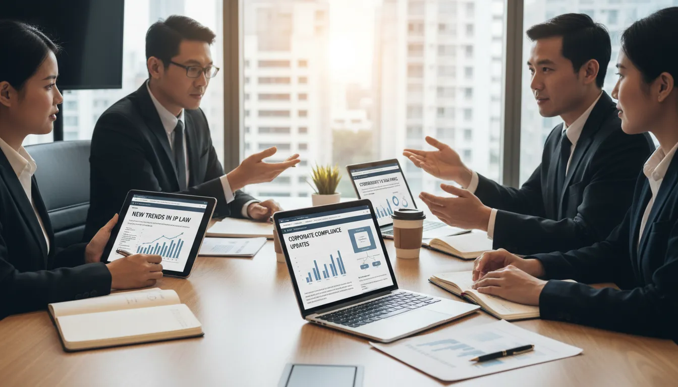 Site para Advogado em 2026: Gerador de Clientes Confiáveis 1 Advogados e clientes usando tecnologia digital em reunião, reforçando confiança e relação profissional.