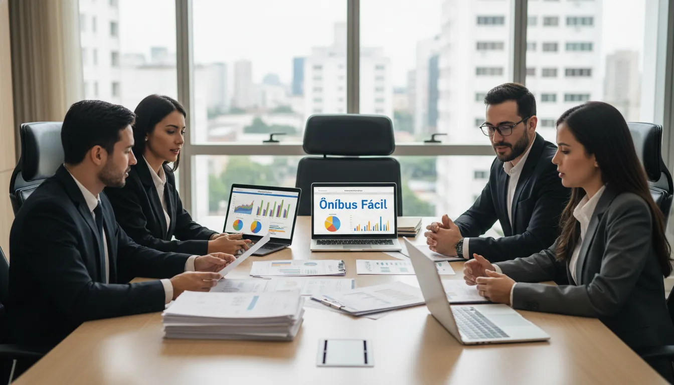 Reunião de negócios com foco em análise de documentos para o financiamento de ônibus, demonstrando um processo transparente e seguro.