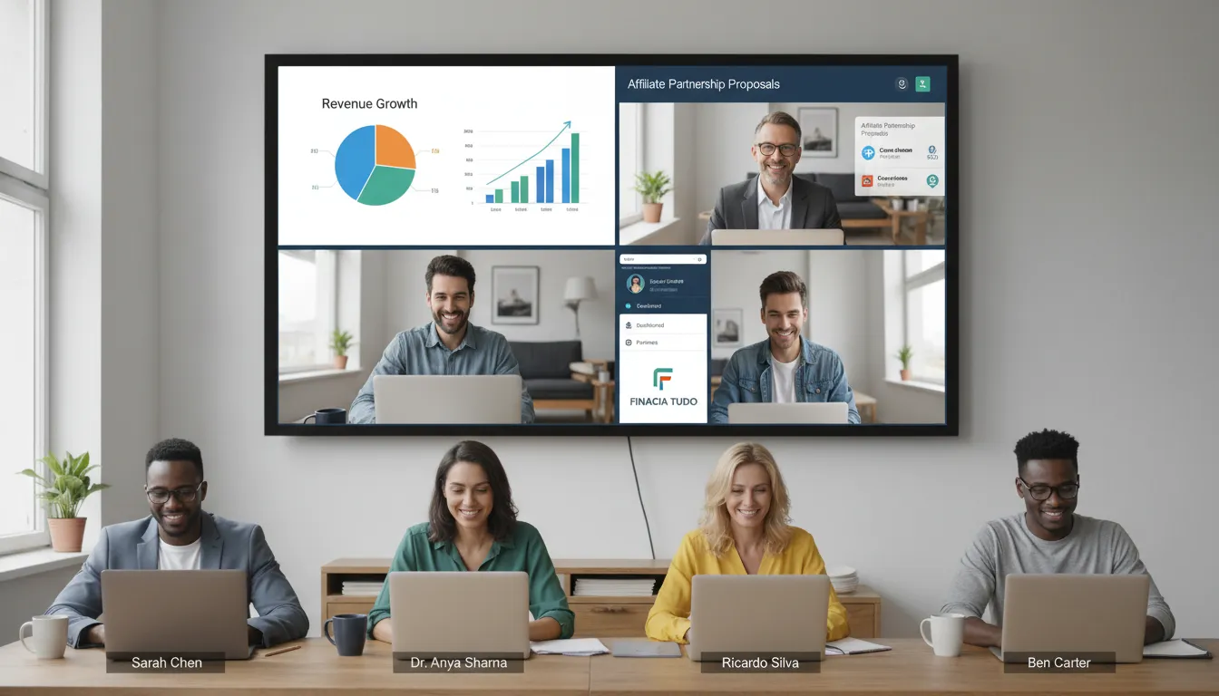 Equipe reunida online analisando afiliados e gráficos de crescimento com interface digital ao fundo.