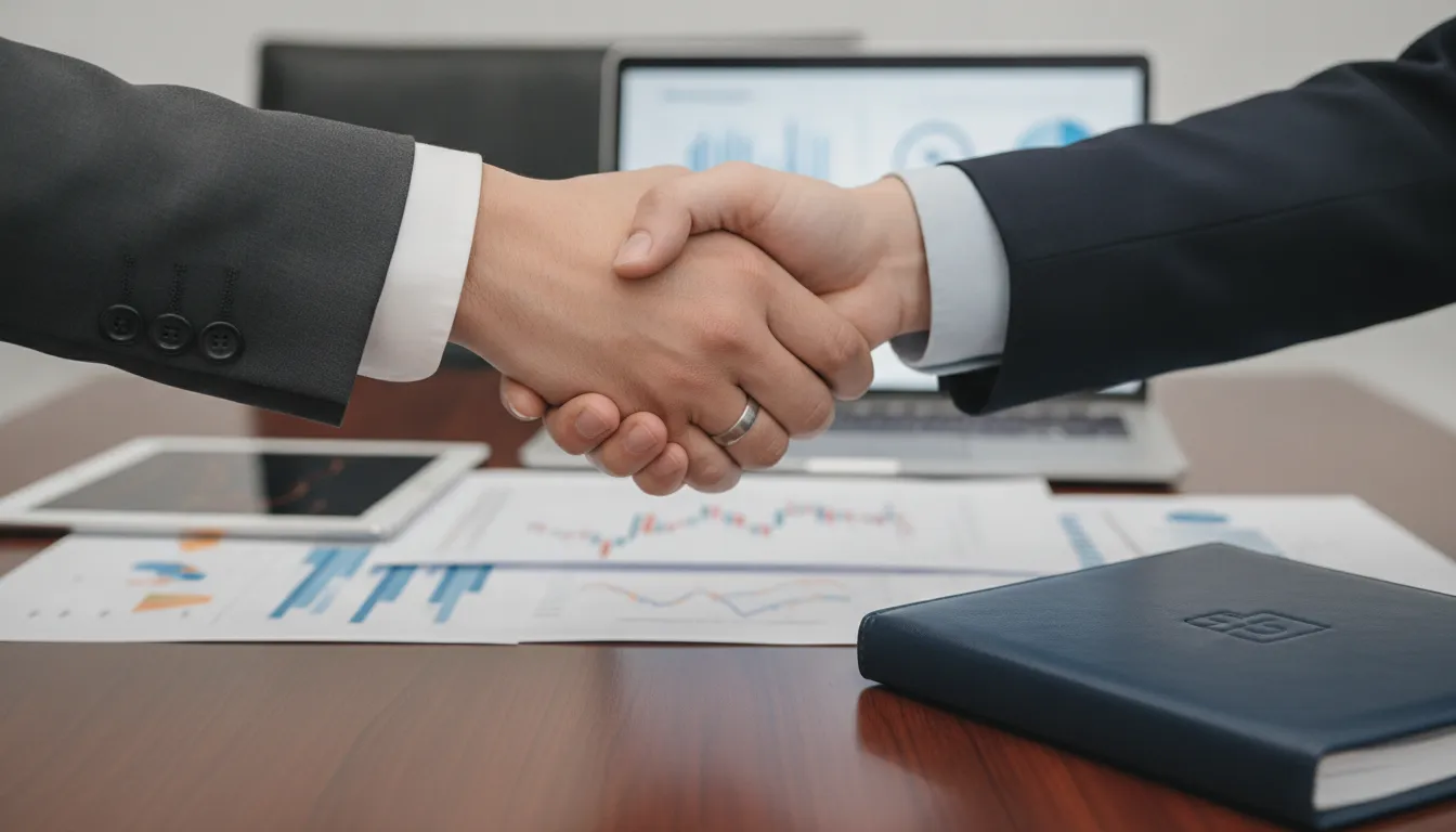 Advogado e consultor Financia Tudo selando parceria para crédito, simbolizando confiança e segurança financeira.