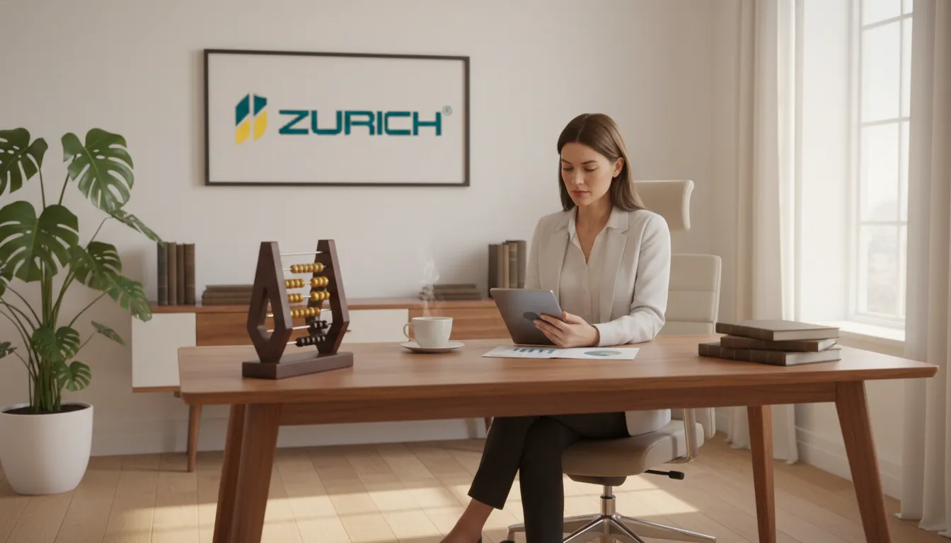 Empresária analisando relatórios financeiros em seu escritório, com um ábaco decorativo representando a gestão do capital social.