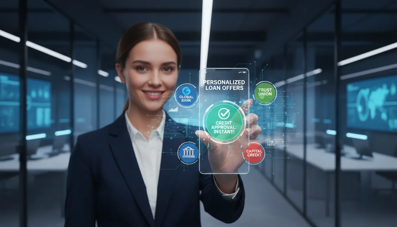 Pessoa analisando propostas de crédito no celular em ambiente de escritório moderno, ilustrando agilidade e personalização