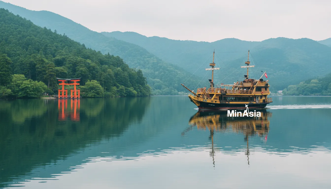 Barco de passeio navegando no Lago Ashi em Hakone, com o portão torii vermelho do Santuário de Hakone parcialmente submerso em Hakone Japão.