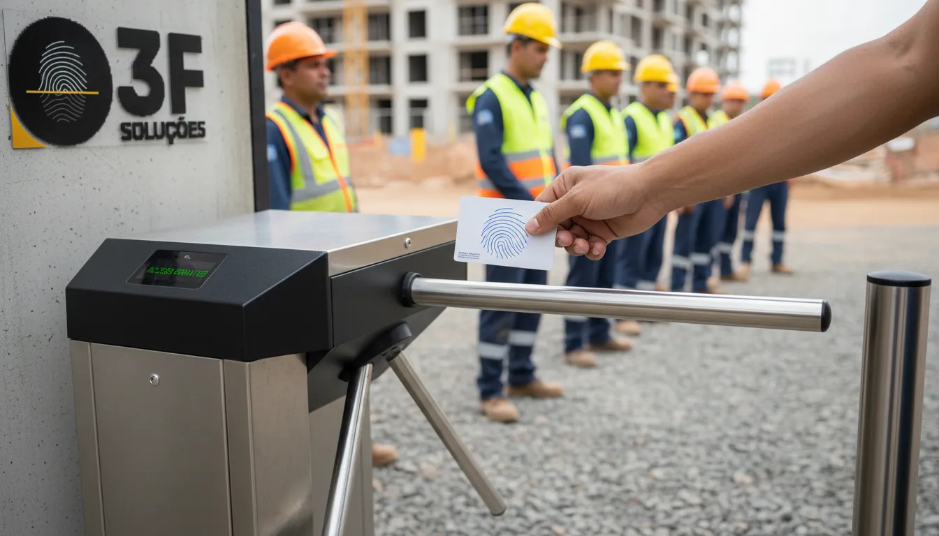 Mão usando cartão RFID em catraca para controle acesso. Locação de catracas em Fortaleza para canteiro obras.