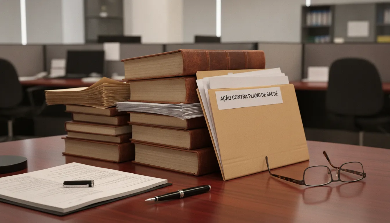 Documentos e livros jurídicos sobre ação contra plano de saúde, simbolizando a dedicação do advogado em Mococa.