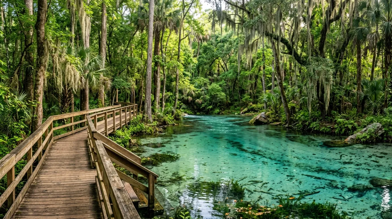 Nascente de águas cristalinas rodeada por natureza preservada perto de Orlando.