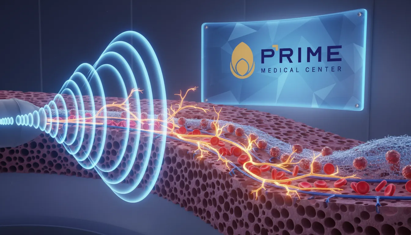 Representação 3D do efeito das ondas de choque para disfunção erétil, mostrando a regeneração celular e o fluxo sanguíneo.