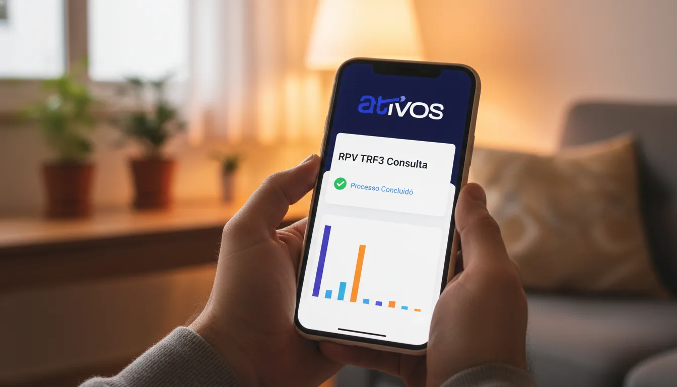 Mãos usam app Ativos para rpv consulta trf3 no celular, mostrando facilidade de acesso.