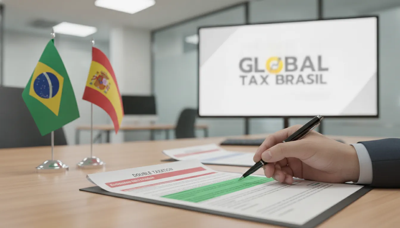 Documento tributário com bandeiras Brasil e Espanha, ilustrando a complexidade da bitributação internacional.