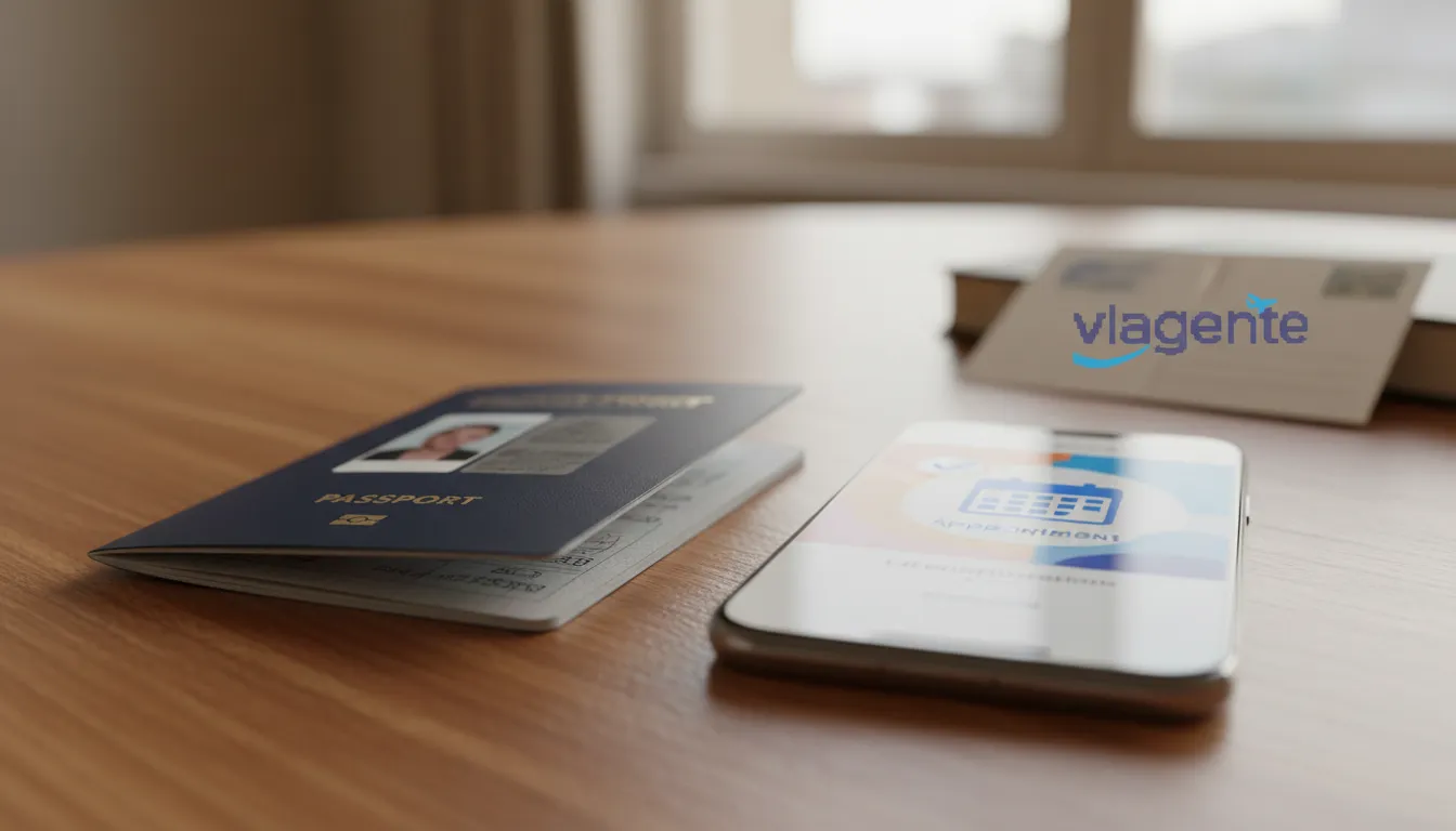 Passaporte ao lado de um smartphone com a confirmação do agendamento passaporte, com iluminação convidativa.