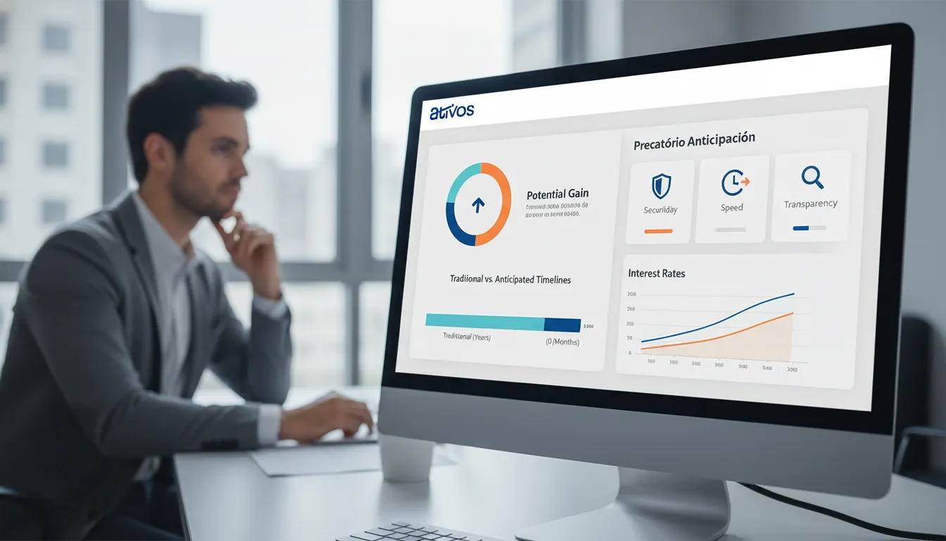 Interface digital com gráficos comparativos de precatórios, auxiliando decisão. Qual a melhor empresa para vender precatório.
