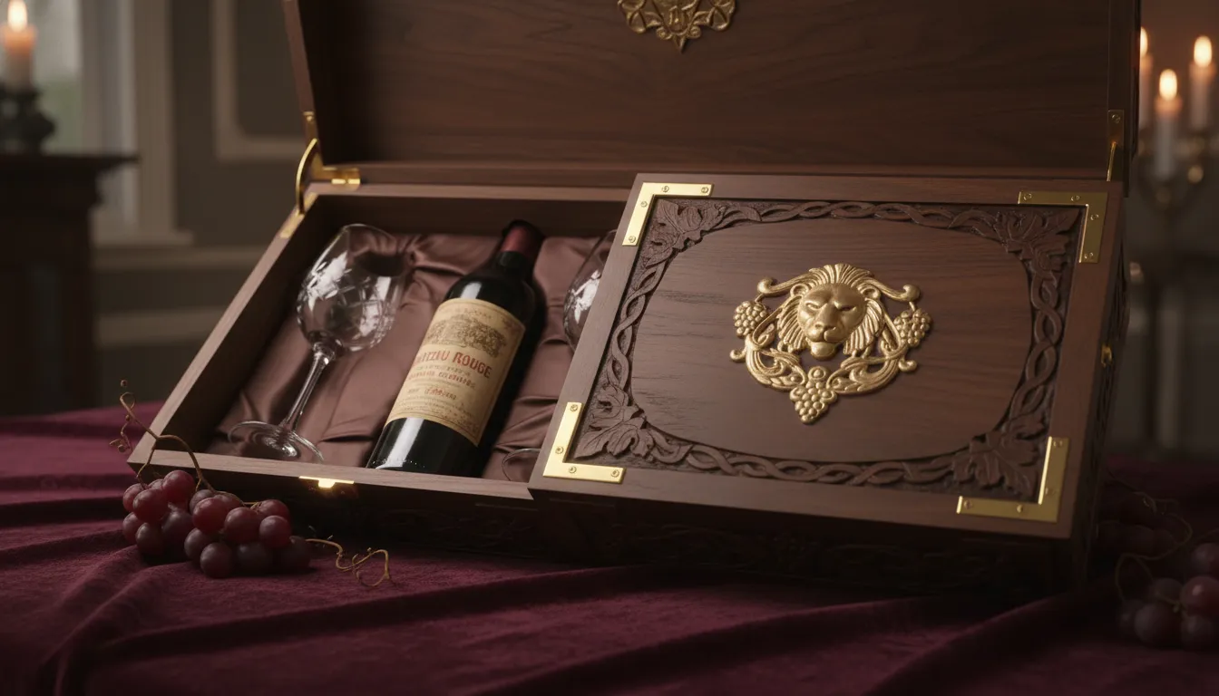 Kit gourmet de luxo incluindo vinho de safra, taças de cristal e caixa artesanal, destacando o requinte do presente corporativo.