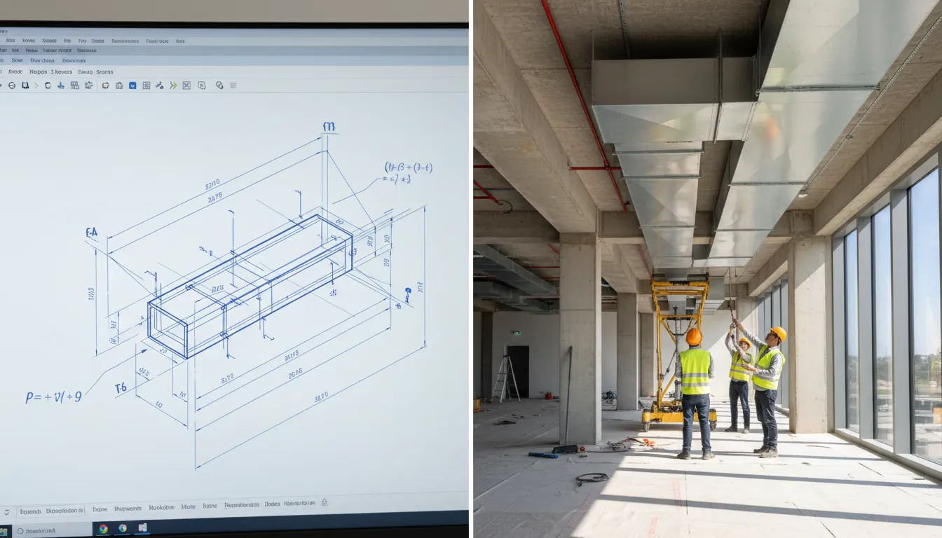 Projeto digital e instalação de dutos de ar condicionado, evidenciando o dimensionamento preciso para máxima eficiência.