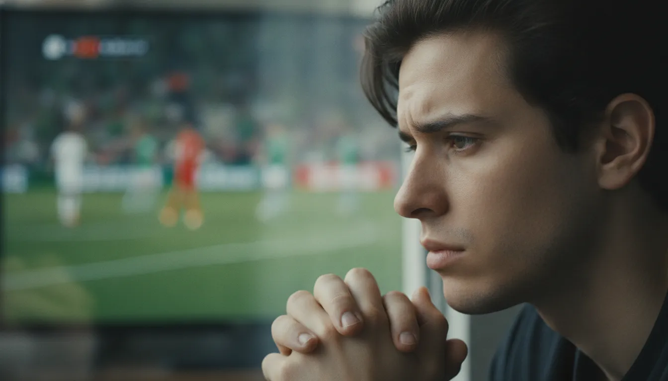 Pessoa pensativa, afastada da Copa do Mundo, refletindo sobre ansiedade e descontrole emocional. Terapia online é essencial.