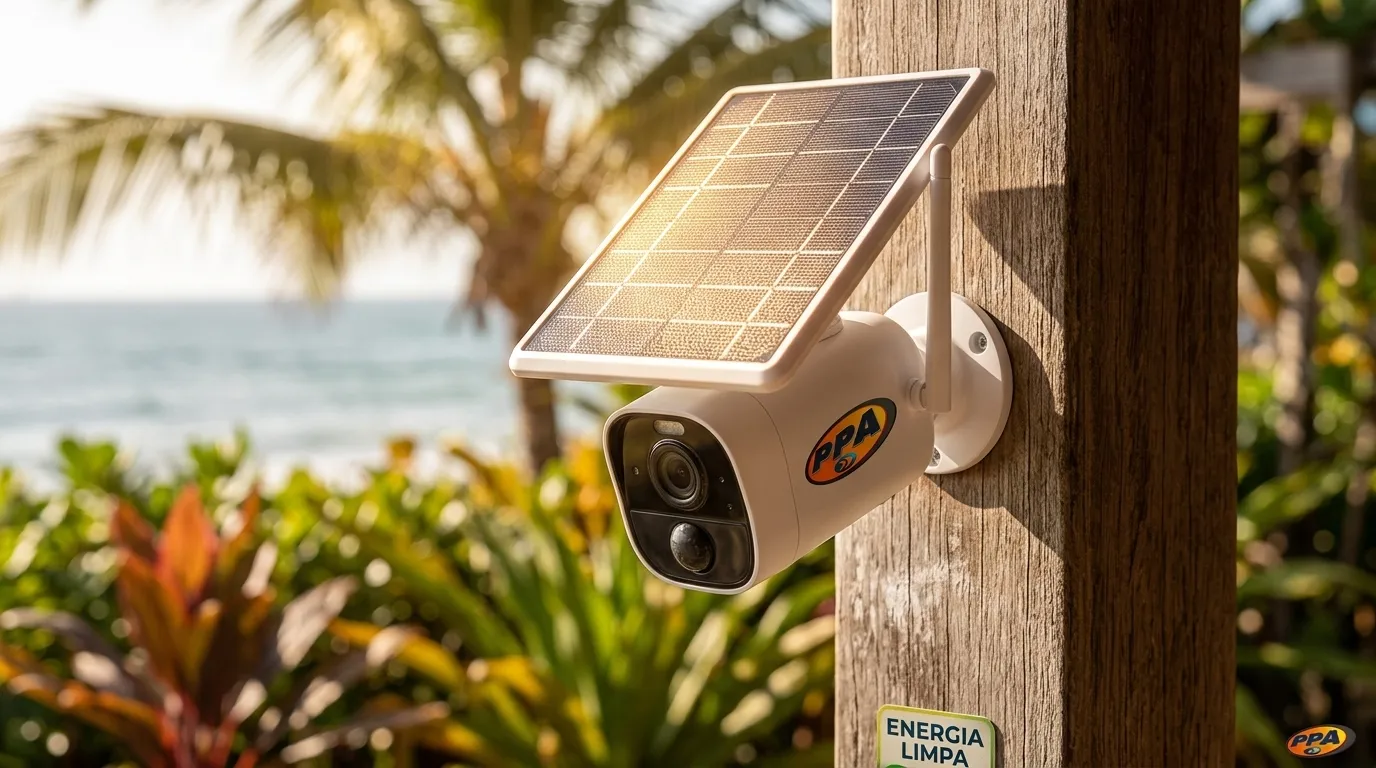 Detalhe de câmera solar wifi captando energia solar em pilar de madeira com fundo tropical.