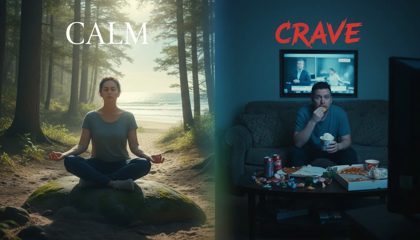 Comparativo visual: meditação versus compulsão alimentar como escapes para o estresse, impactando no ganho de gordura por estresse.