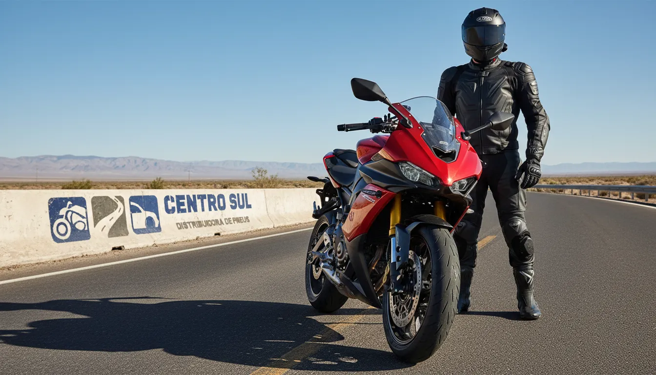 Motocicleta esportiva com pneu moto 110/80-17 novo, pronta para a estrada, com piloto confiante.
