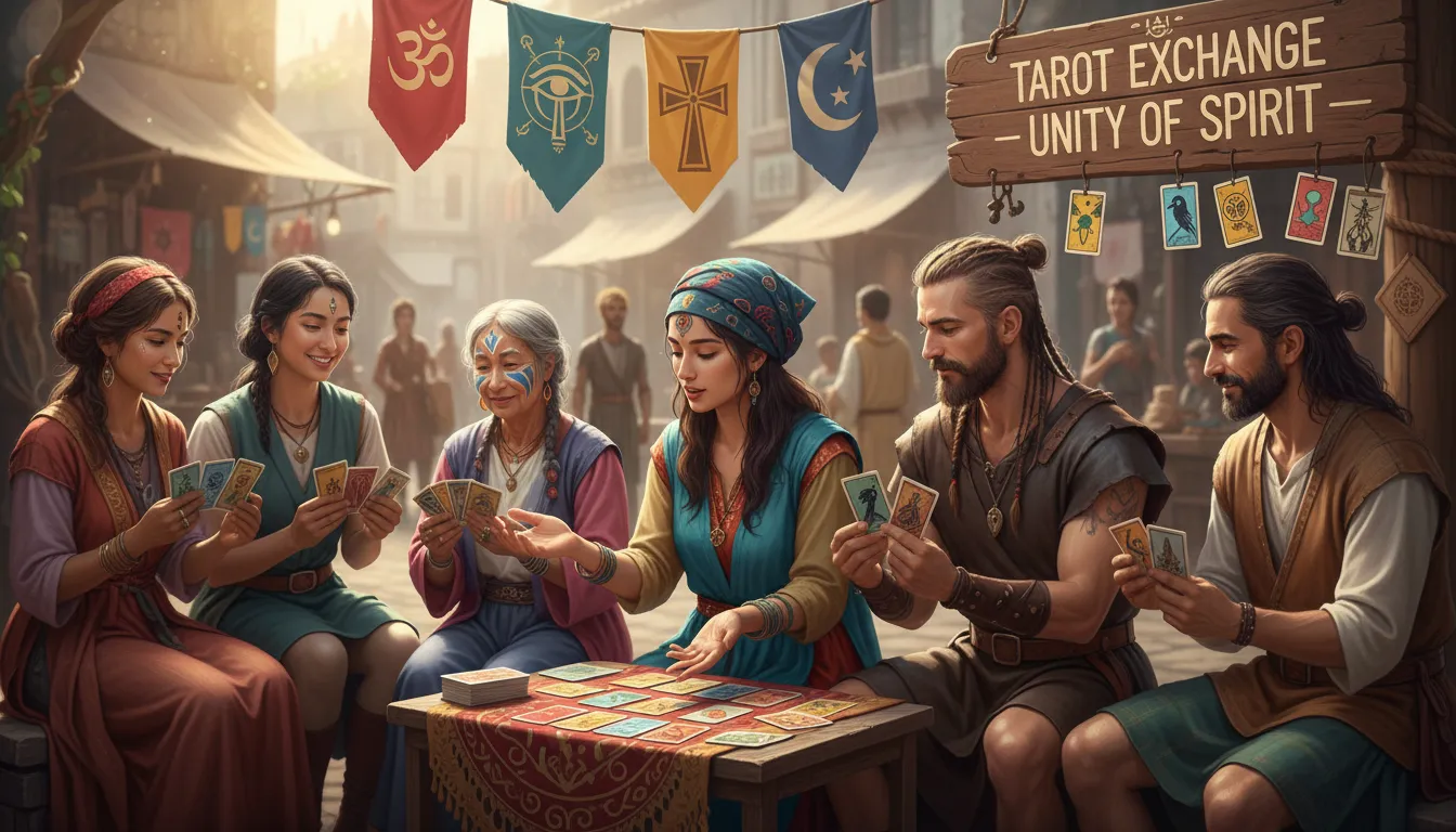 Grupo multicultural trocando cartas de tarot, representando diversidade espiritual e integração cultural.