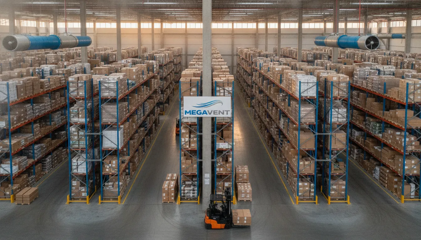 Visão aérea de centro de distribuição com ventilação para centro de distribuição MegaVent, garantindo segurança.