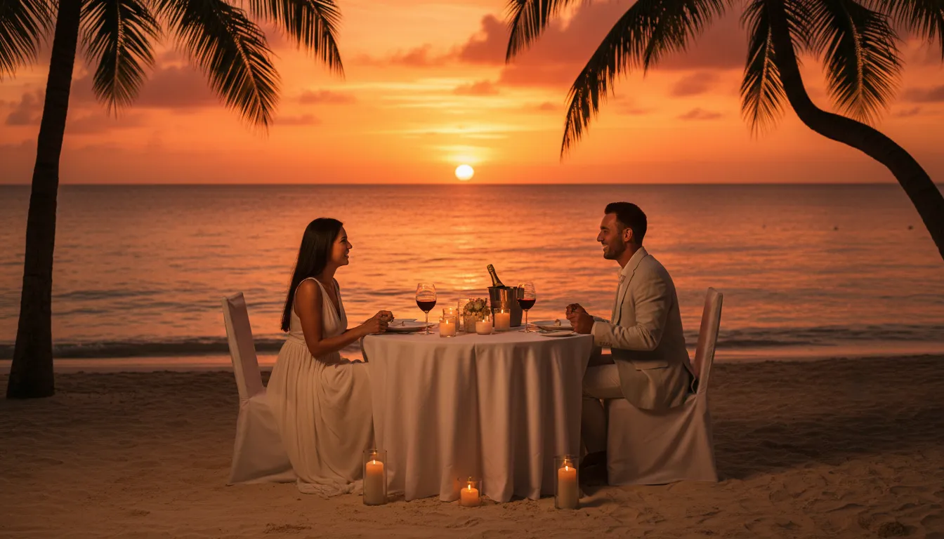 Casal aproveitando um jantar romântico na praia em Punta Cana, cenário perfeito para uma viagem inesquecível.