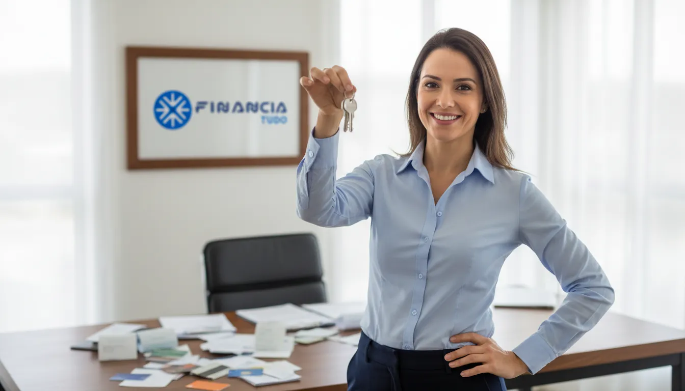 Mulher sorrindo com as chaves da casa após o refinanciamento de imóvel para quitar dívidas caras, simbolizando alívio financeiro.