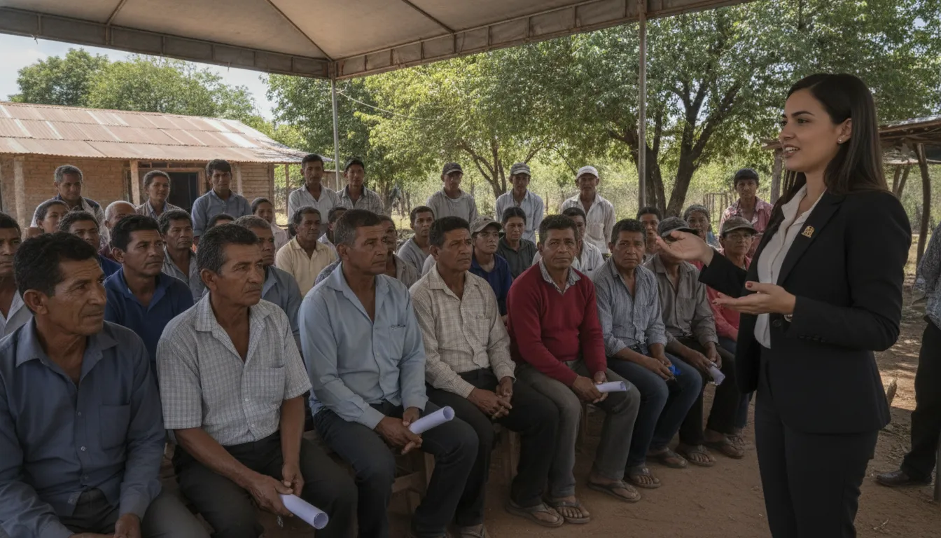 Comunidade rural em reunião, discutindo requisitos para aposentadoria rural idade e direitos previdenciários.