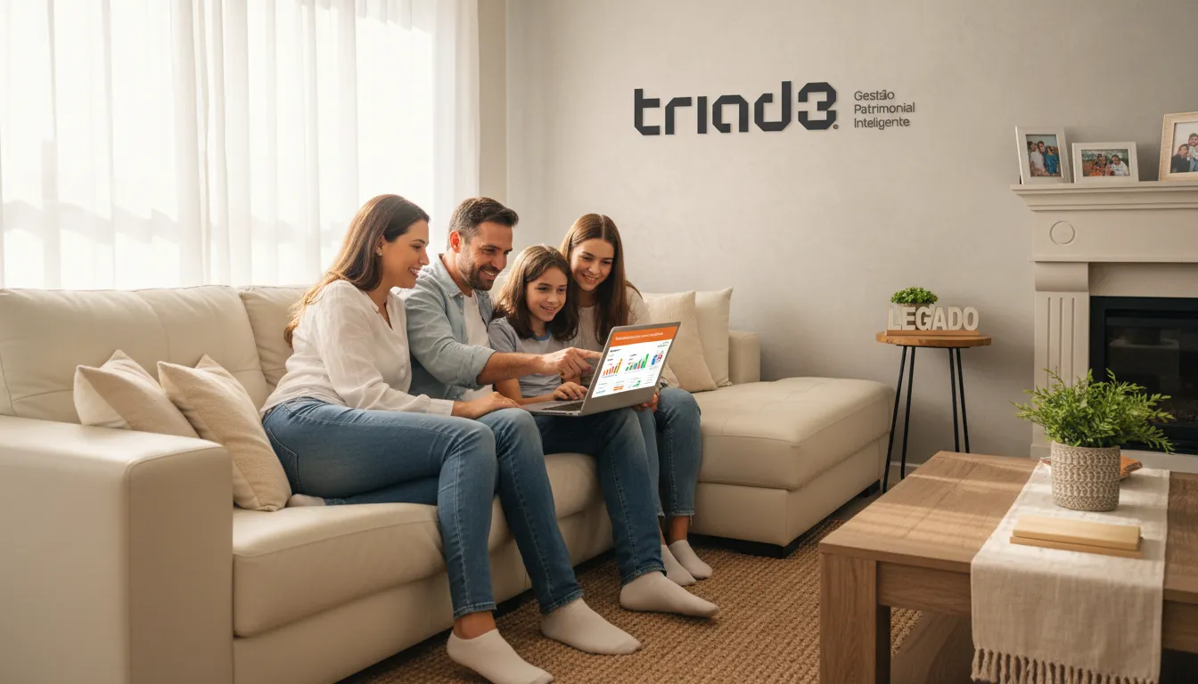 Família revisando investimentos e planejando a restituição do imposto de renda em um ambiente acolhedor.