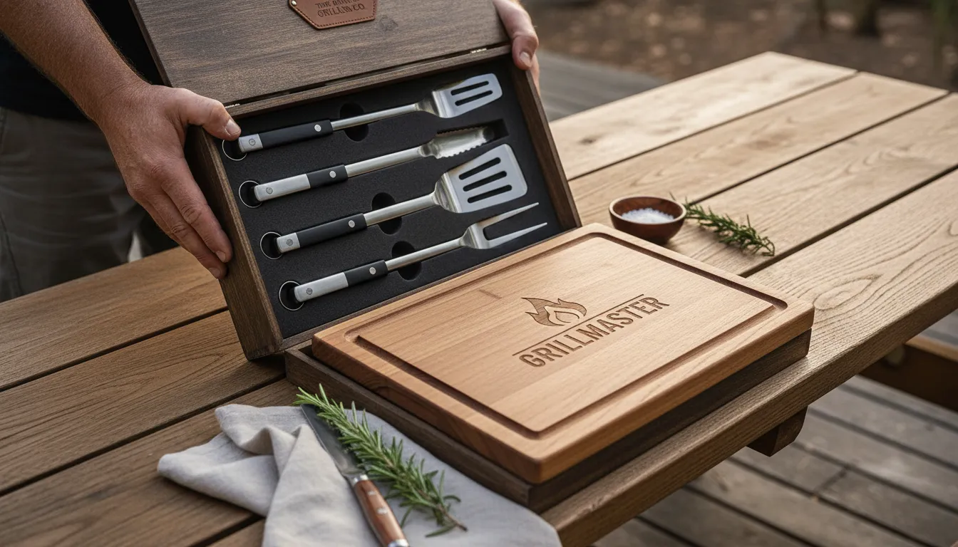 Pessoa abrindo kit churrasco personalizado com utensílios em aço e tábua, pronto para presente corporativo.