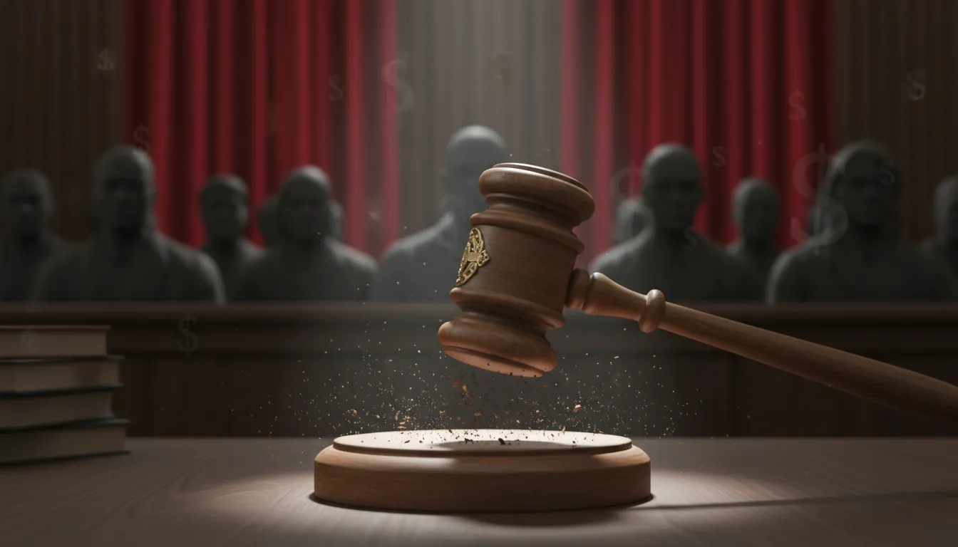 Martelo de juiz em cena de tribunal simbolizando ação contra plano de saúde com advogado.