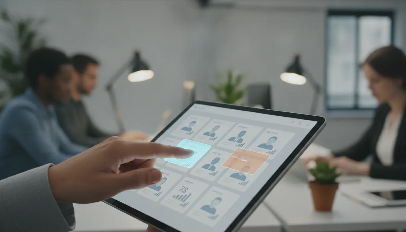 Mão interagindo com tablet, otimizando leads e vendas via IA. CRM com dados de clientes e recomendações.