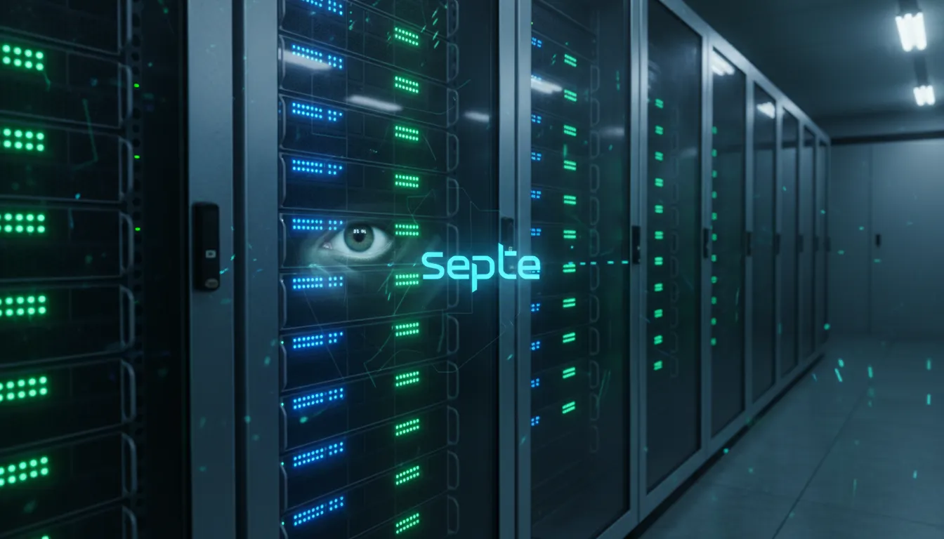 Sala de servidores com monitoramento de segurança cibernética em infraestrutura de dados corporativa.