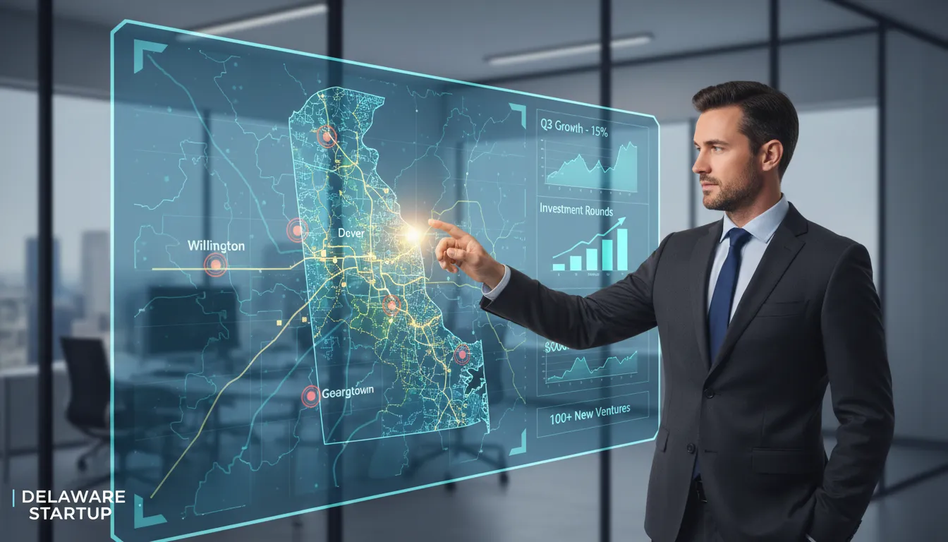 Empresario frente a un mapa virtual de Delaware, señalando ubicaciones clave para la apertura de empresa en Delaware. Planificación estratégica con Prezzo Consulting.