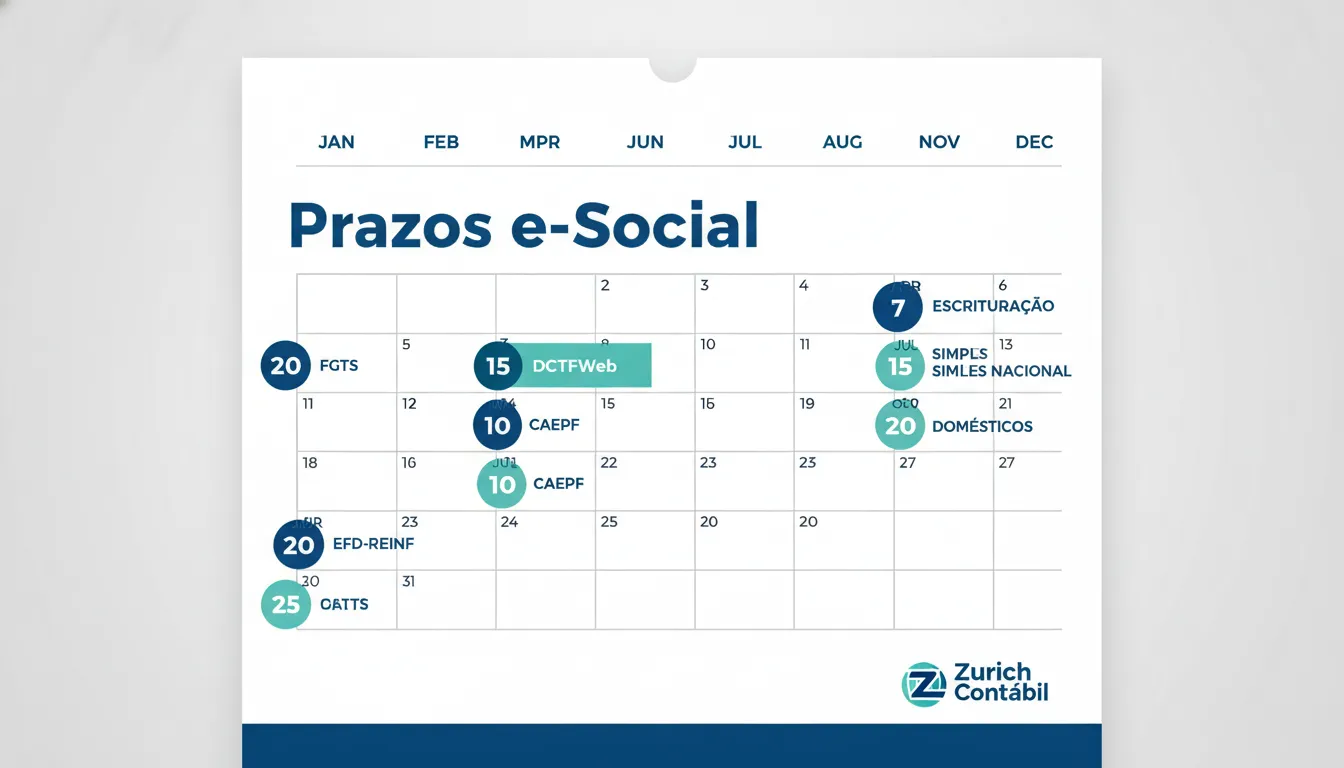 Calendário estilizado com prazos para o e-social folha de pagamento, reforçando a organização e cumprimento de obrigações fiscais com a Zurich Contábil.