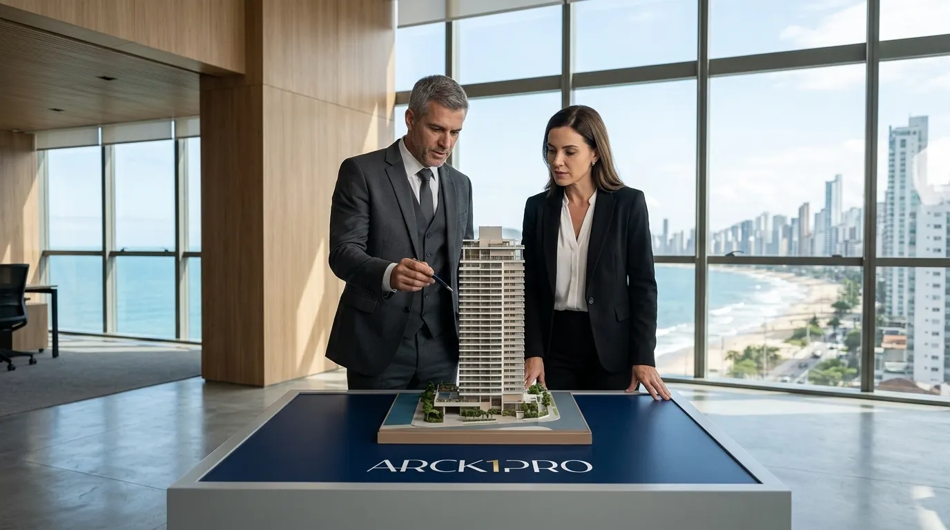 Especialistas avaliando modelo arquitetonico em estruturacao de SCP imobiliario