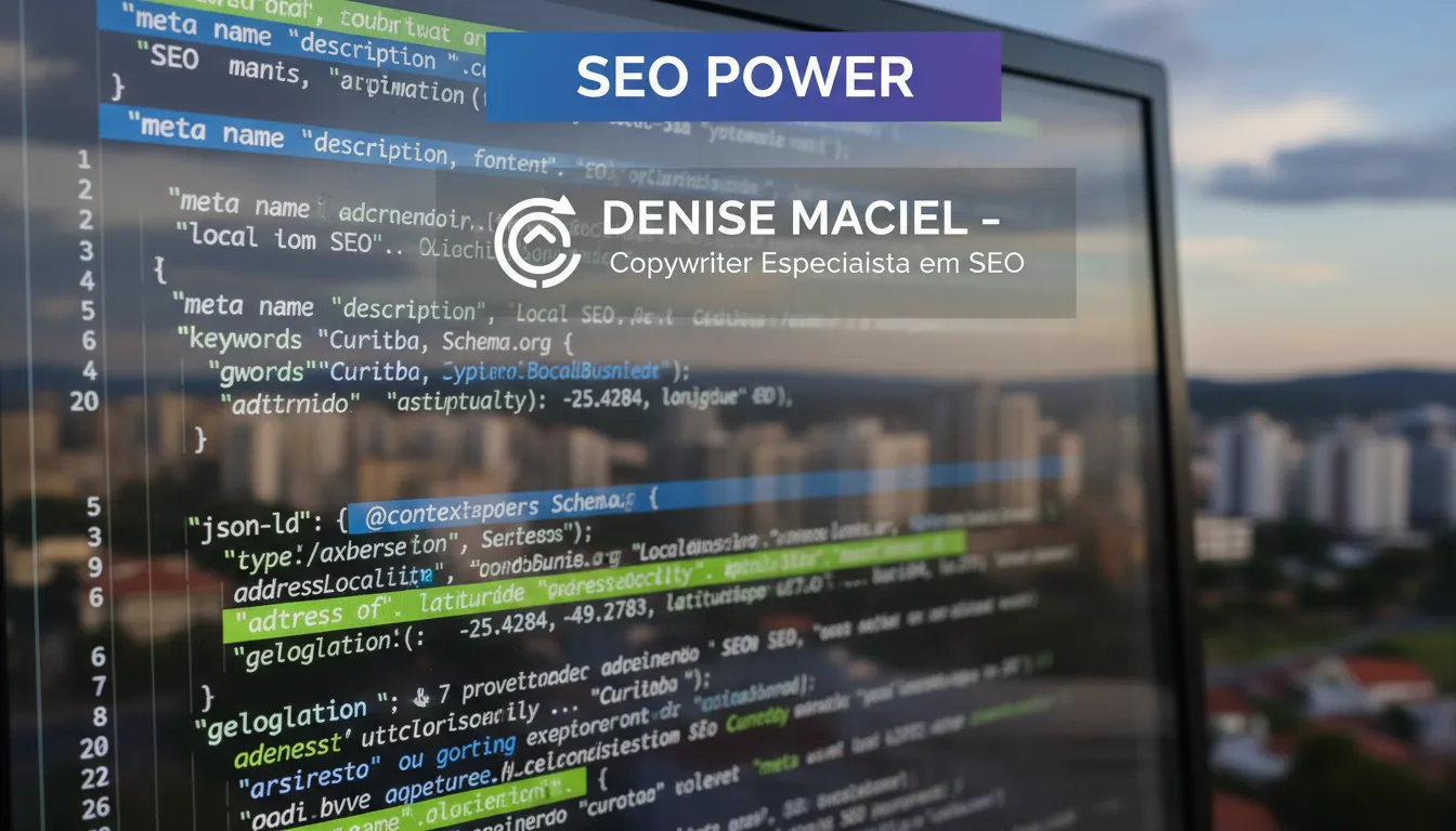 Código de site otimizado para SEO vs GEO, com o skyline de Curitiba ao fundo.