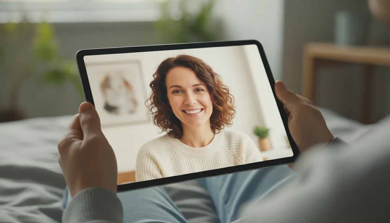 Tela de tablet mostra terapeuta empática, simbolizando acesso fácil à terapia online para saúde mental.