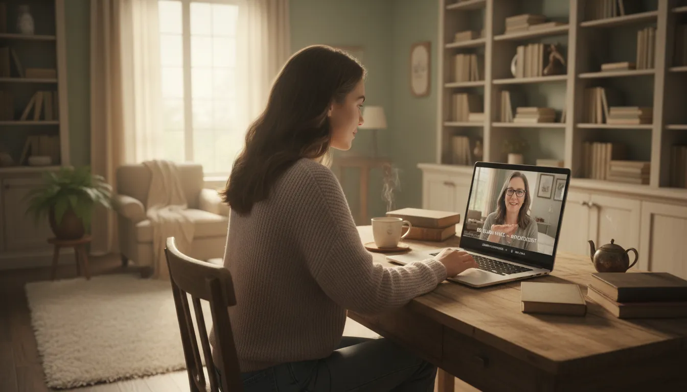 Colaboradora acessando atendimento psicológico online, em ambiente tranquilo e acolhedor em casa.