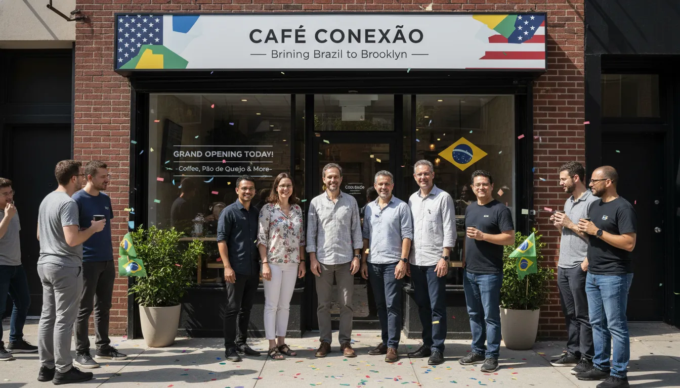 Brazilian entrepreneurs opening a business in a US city, with cultural elements connecting Brazil and America