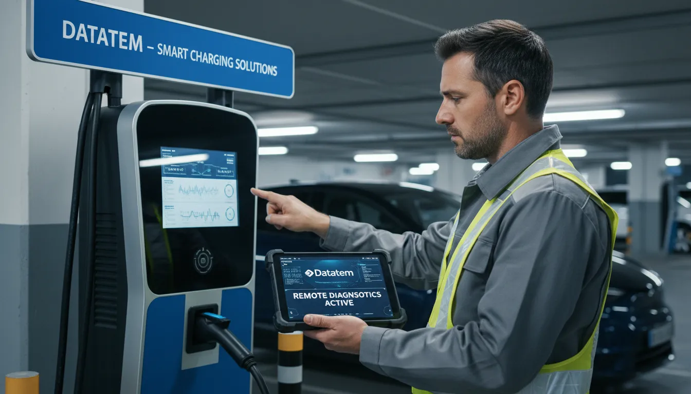 Técnico utilizando tablet para solução remota de problemas em eletropostos, demonstrando a gestão via M2M da Datatem para manutenção eficiente da rede.