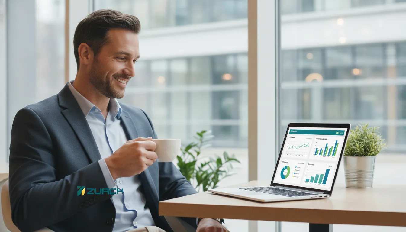 Empresário feliz e tranquilo após terceirizar bpo financeiro, focado no crescimento do negócio.