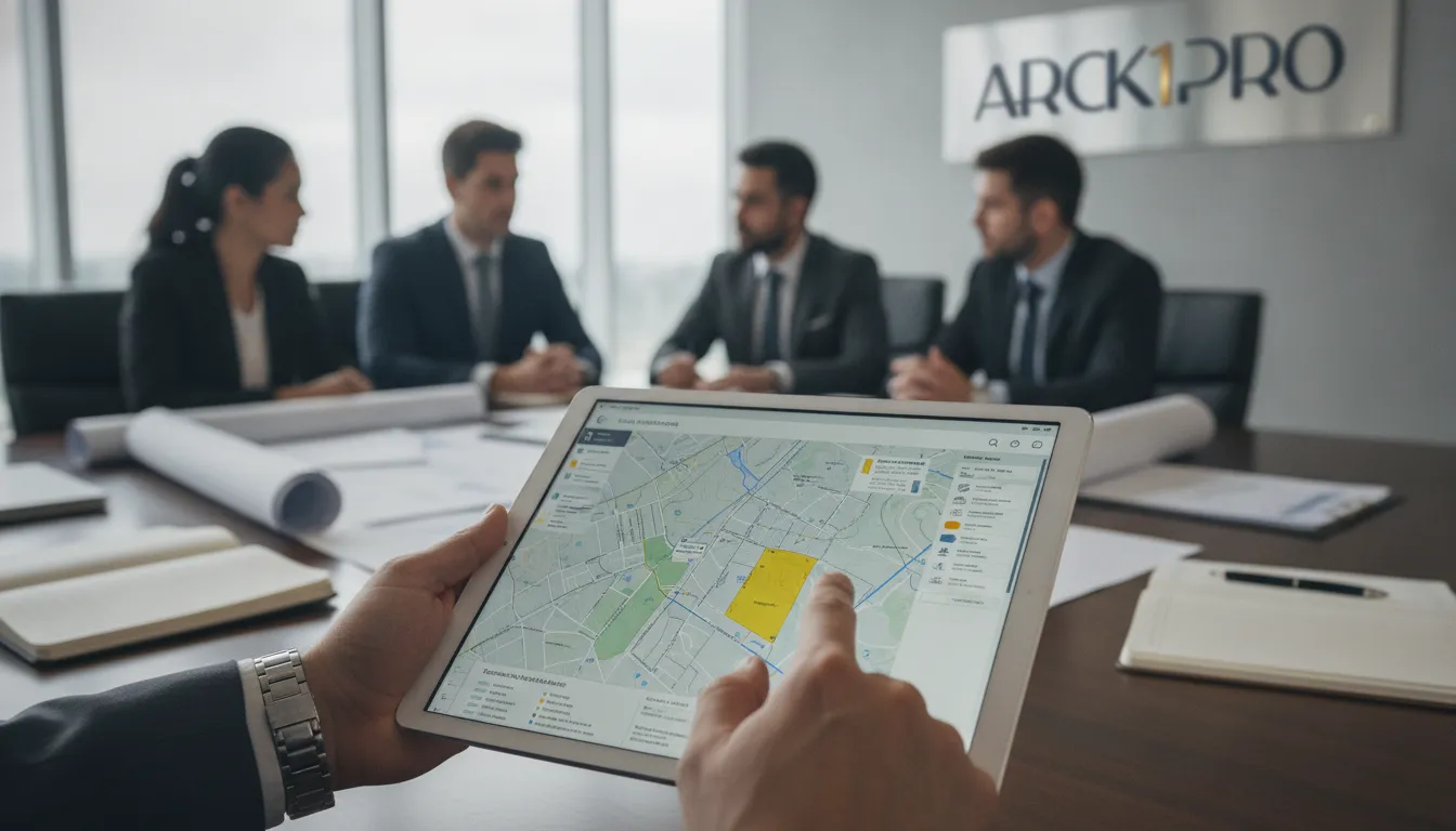 Mãos analisam dados geográficos para tese de terreno incorporação em tablet, equipe colabora.
