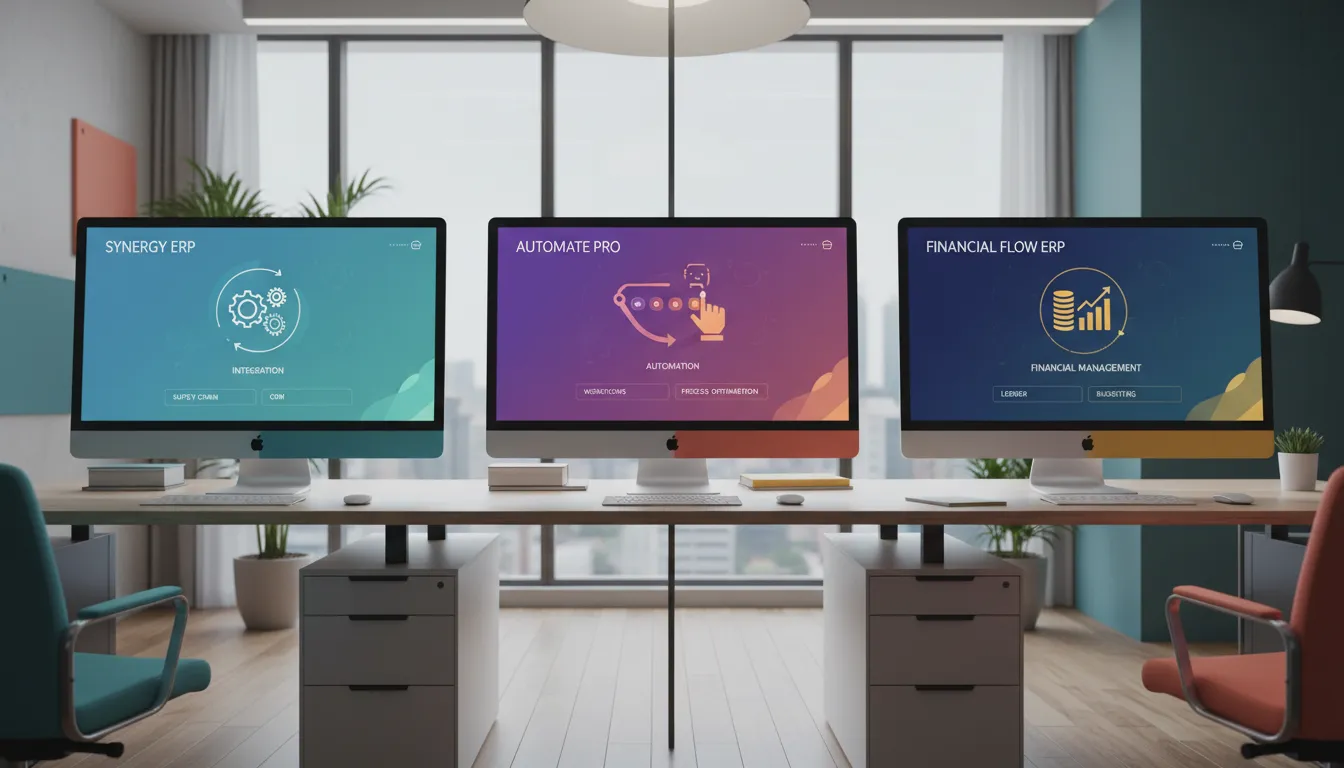 Comparação de painéis de diferentes ERPs em monitores, destacando integração e automação, ambiente escritório moderno.
