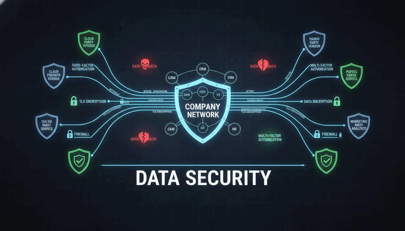 Diagrama de rede ilustrando o fluxo de dados entre uma empresa e seus fornecedores, com ênfase na transferência segura de dados e gestão de terceiros lgpd.