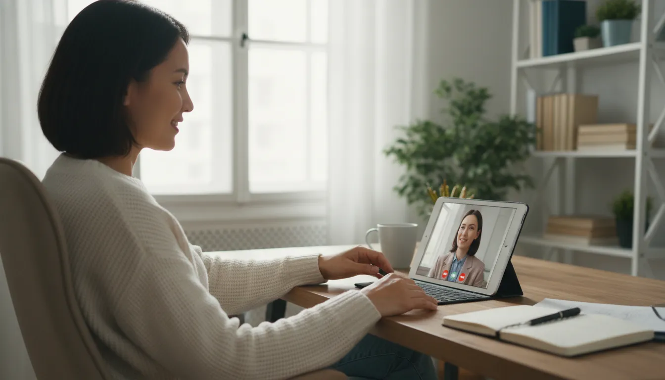 Pessoa em teleconsulta com especialista, buscando apoio para dívidas e ansiedade, mostrando esperança e cuidado.