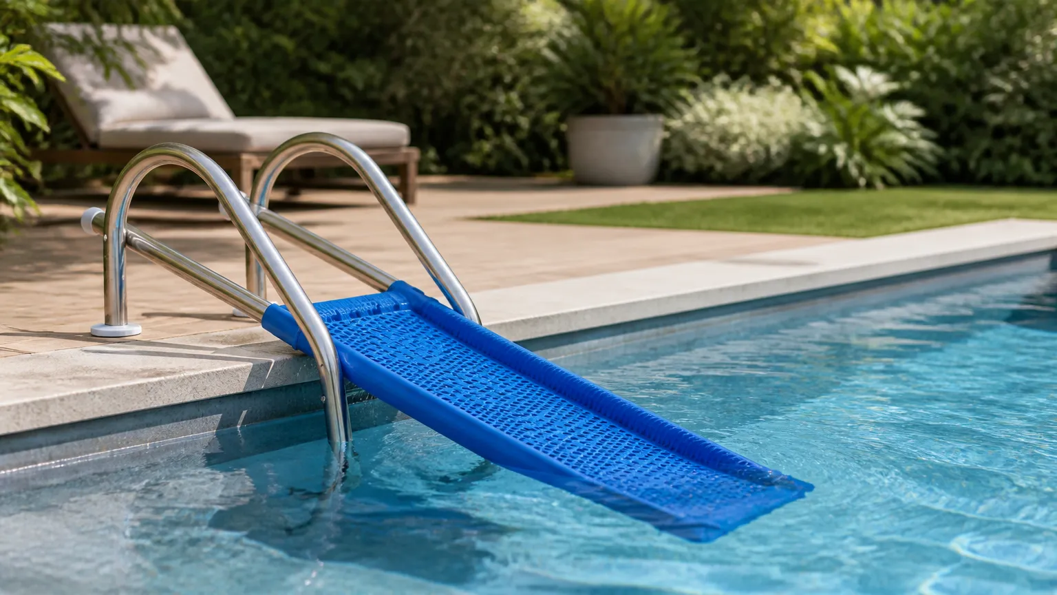 Modelo de escada para piscina fixada em deck moderno oferecendo segurança e acessibilidade.