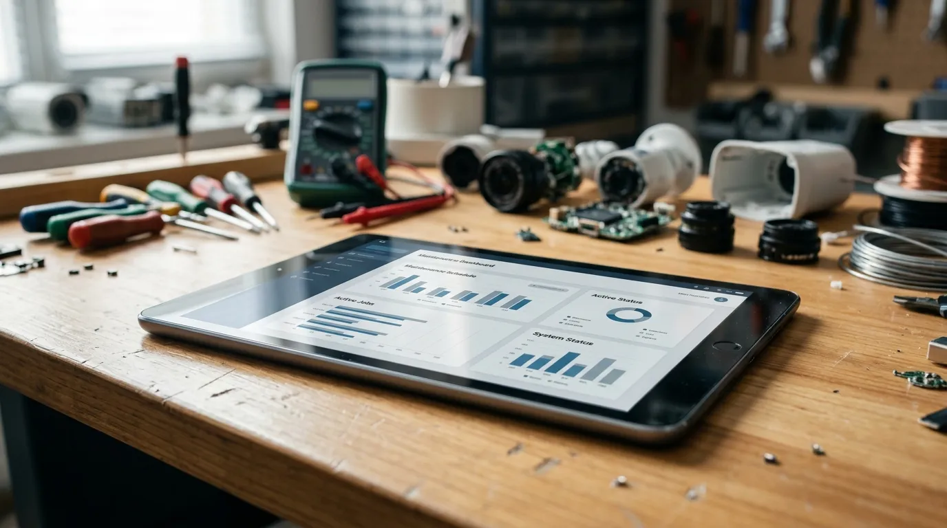 Tablet com sistema de gerenciamento ordens de servico sobre bancada de ferramentas de manutencao.