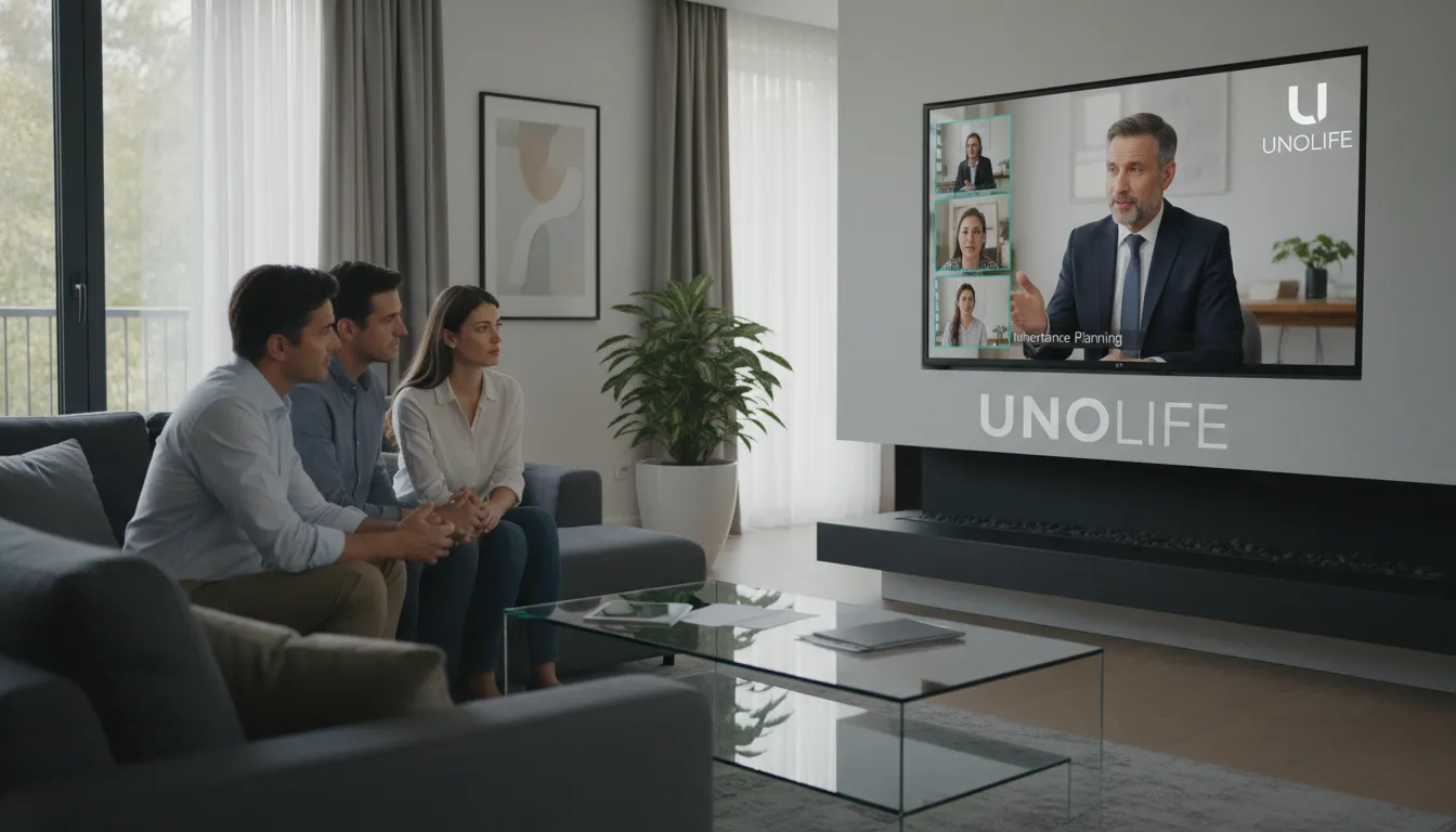 Família em videoconferência com um advogado online da Unolife, discutindo questões de herança de forma clara e profissional.